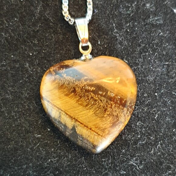 Elegant 925 Sterling Silver Natural Golden Tiger Eye Heart Pendant Necklace - Picture 5 of 11